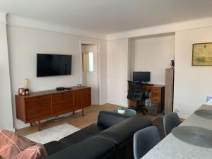 ein Wohnzimmer mit einem Sofa und einem Flachbild-TV in der Unterkunft Convenience & charm with a view in Maisons-Laffitte