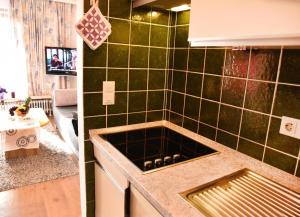 eine Küche mit Spüle und grün gefliesten Wänden in der Unterkunft Muschelbank in Büsum + 9 Fotos