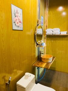 een badkamer met een toilet, een wastafel en een spiegel bij An Homestay Tam Coc in Ninh Binh