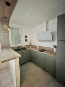 cocina con armarios verdes, fregadero y ventana en Jolie maison de 40m2 avec jardin, en Boissy-Saint-Léger