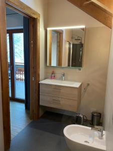 a bathroom with a sink and a mirror at Golfchalet 3 confini in Tarvisio