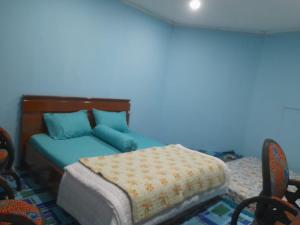 ein blaues Schlafzimmer mit einem Bett und einigen Stühlen in der Unterkunft Homestay Subarda Kamar Natural in Solok