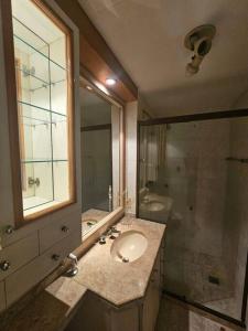 W łazience znajduje się umywalka i prysznic. w obiekcie Apartamento Parque das Rosas w mieście Rio de Janeiro