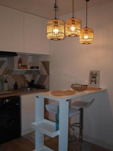 una cucina con due luci e un tavolo con sedie di Studio le Mistral a Saint-Raphaël