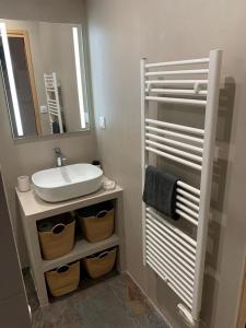 La salle de bains est pourvue d'un lavabo et d'un miroir. dans l'établissement Studio Lyon Collonges au Mont d'Or, à Collonges-au-Mont-dʼOr