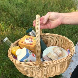 una cesta con comida y otros artículos. en Smålandstorpet en Hok