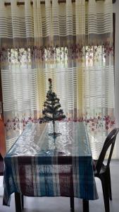 ウェリガマにあるHappy Haven Villaの窓際のクリスマスツリー付きテーブル