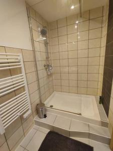 ein kleines Bad mit einer Dusche und einer Badewanne in der Unterkunft T2 aux portes des Cévennes in Lédignan