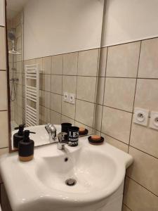 ein Badezimmer mit einem weißen Waschbecken und einem Spiegel in der Unterkunft T2 aux portes des Cévennes in Lédignan