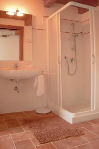 uma casa de banho com um chuveiro e um lavatório. em La Ripa Del Drago em Bibbona