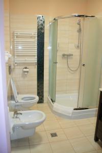 a bathroom with a shower and a toilet and a sink at Tenis Club in Kędzierzyn-Koźle