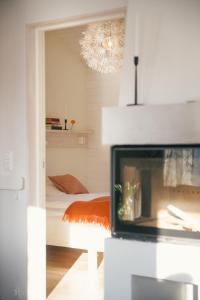 布魯克斯瓦拉那的住宿－Fjällfrid stugby，客厅设有壁炉和1张床