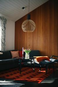 a living room with a couch and a table at Fjällfrid stugby in Bruksvallarna +38 photos