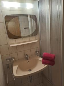 baño con lavabo y toalla roja en Ferienwohnung Nancy en Jerzens