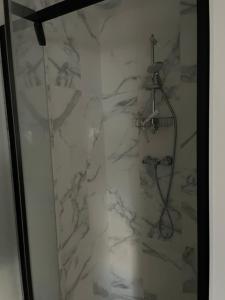 Un baño con ducha con paredes de mármol blanco. en Studio 302 - Hyper Centre - Intégralement rénové - Toutes commodités à pied, en Saint-Nazaire