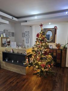 Un árbol de Navidad en medio de una habitación en Belvedere Resort Moieciu, en Moieciu de Jos