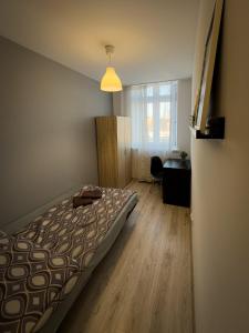 1 dormitorio con cama y escritorio en Kwadrat Apartamenty Grottgera, en Rzeszów