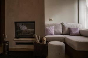 a living room with a couch and a fireplace at Μikri Arktos Boutique Hotel in Dhimitsana