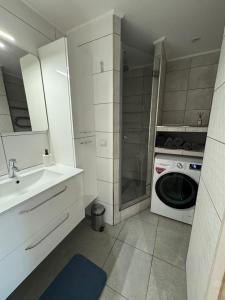 a bathroom with a sink and a washing machine at Dārzu ielas apartamenti in Rēzekne