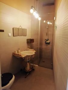 Un baño con lavabo y ducha con inodoro. en Unique stylish house in beautiful Graça, en Lisboa 35 fotos más