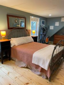 a bedroom with a large bed and a mirror at Cozy 1882 renovated cape in Plainfield