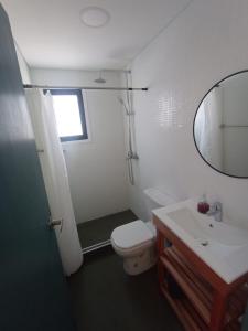 a bathroom with a toilet and a sink and a mirror at Casas frente a la Playa in La Paloma