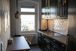 a kitchen with black cabinets and a sink and a window at Ruhiges & luxuriöses Business Apartment im Zentrum in Chemnitz