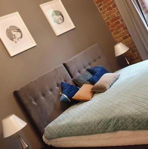 1 cama con almohadas en el dormitorio en BEST URBAN ROOMS parking free, en Lublin