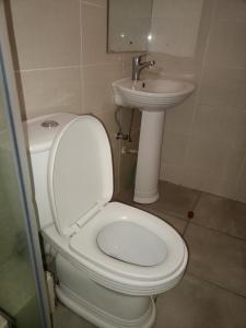 a bathroom with a white toilet and a sink at Fantastic Homes 1102 in Nairobi