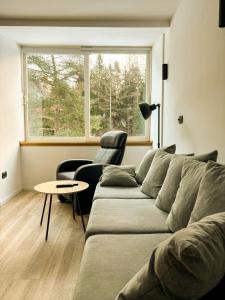 un soggiorno con divano e tavolo di Modern apartment Leon a Gozd Martuljek