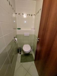 a bathroom with a toilet and a wooden door at Cozy family apartment with garage in Donovaly