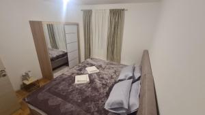 a bedroom with a bed with a mirror and a bed sidx sidx sidx at Apartment Dimitrije in Budva