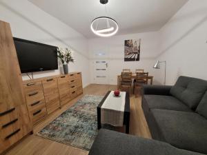 a living room with a couch and a flat screen tv at Ludowa apartament in Biskupiec