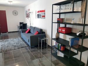 a living room with a blue couch and a book shelf at Komfortable 2-Zimmer-Ferienwohnung am Kurpark in Bad Kreuznach
