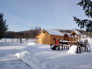 a wooden cabin in the snow with snow on the ground at Sudecka Wiata-Domki in Głuszyca