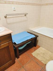 La salle de bains est pourvue de toilettes, d'une baignoire et d'un lavabo. dans l'établissement Casa D. Dinis by NaturAlegre, à Alegrete