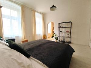 een slaapkamer met een bed en 2 ramen bij CozyHome Signature Palisady Apartment in Bratislava