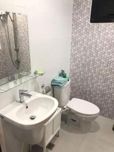 a bathroom with a sink and a toilet and a mirror at Nestor's Apartment 