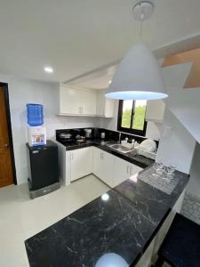 a kitchen with black marble counter tops and a light at Nestor's Apartment 