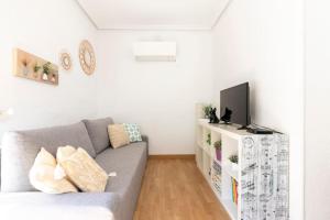 uma sala de estar com um sofá cinzento e uma televisão em Lapurdi Zurriola Beach em San Sebastián