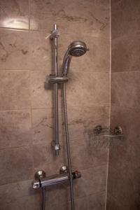 a shower with a shower head in a bathroom at Cosy apartment 7 mins walk from Wembley stadium in London