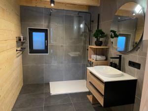 a bathroom with a shower and a sink and a mirror at Radovna Chalet with Panoramic View in Mojstrana