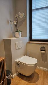 a white toilet in a bathroom with a potted plant at Ferienwohnung Naturnah in Goslar +26 photos