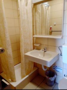 a bathroom with a sink and a shower curtain at Apartment Željka, Igalo - Herceg Novi in Igalo