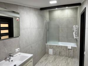 y baño con lavabo y ducha. en Апартаменты премиум в историческом центре "ГАЛАГОВЪ", en Uzhhorod