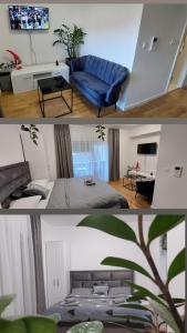 2 Bilder eines Schlafzimmers mit einem Bett und einem Laptop in der Unterkunft Studio Apartment Smile Mostar in Mostar