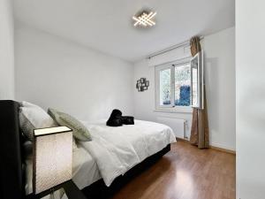 a white bedroom with a bed and a window at Sion city Heart of Swiss Alps in Sion