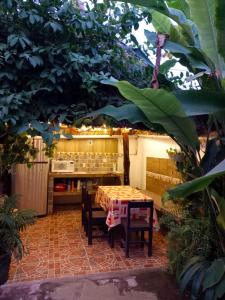 a patio with a table and chairs under a tree at Casa Amelia in San Blas