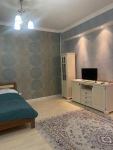 1 dormitorio con 1 cama y escritorio con TV en Green Plaza 10-11, en Aktau