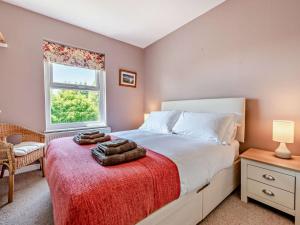 a bedroom with a bed with a red blanket and a window at 3 Bed in Brechfa 92116 in Rhyd-cymmerau